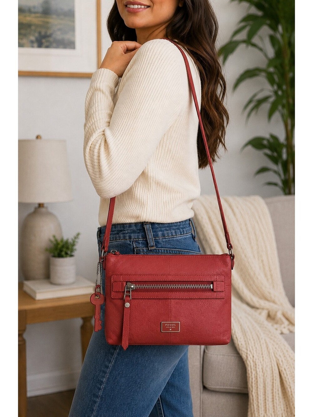 Fossil Dawson Crossbody Bag Red Pebbled Leather Silver Hardware Key Charm